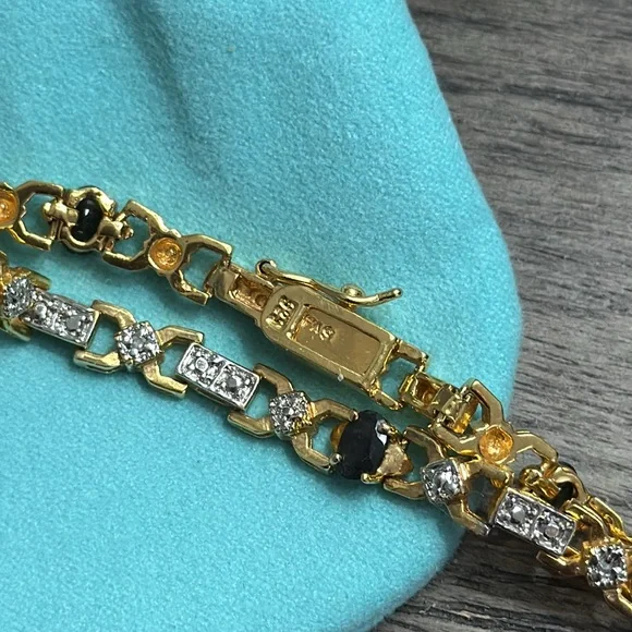 Gold Natural Diamond Sapphire Tennis Bracelet - Picture 7 of 11